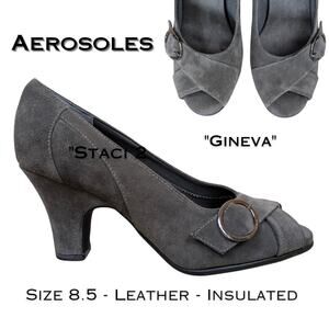 Aerosoles Gineva Suede Heels 8.5 Dark Gray Peep Toe Buckle Accent 3" Padded NEW